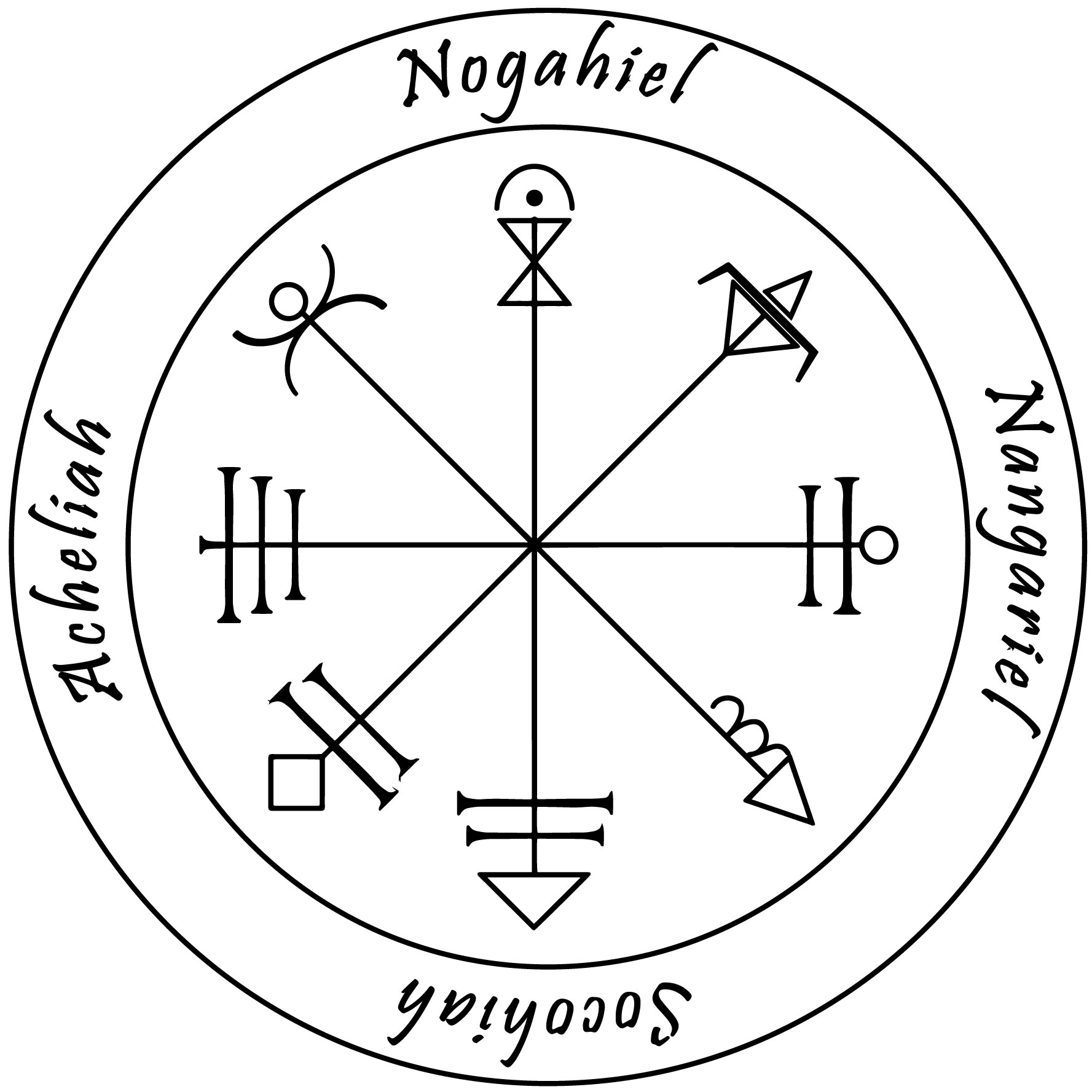 The First Pentacle of Venus, with the names Nogahiel, Acheliah, Socohiah and Nangariel around the rim
